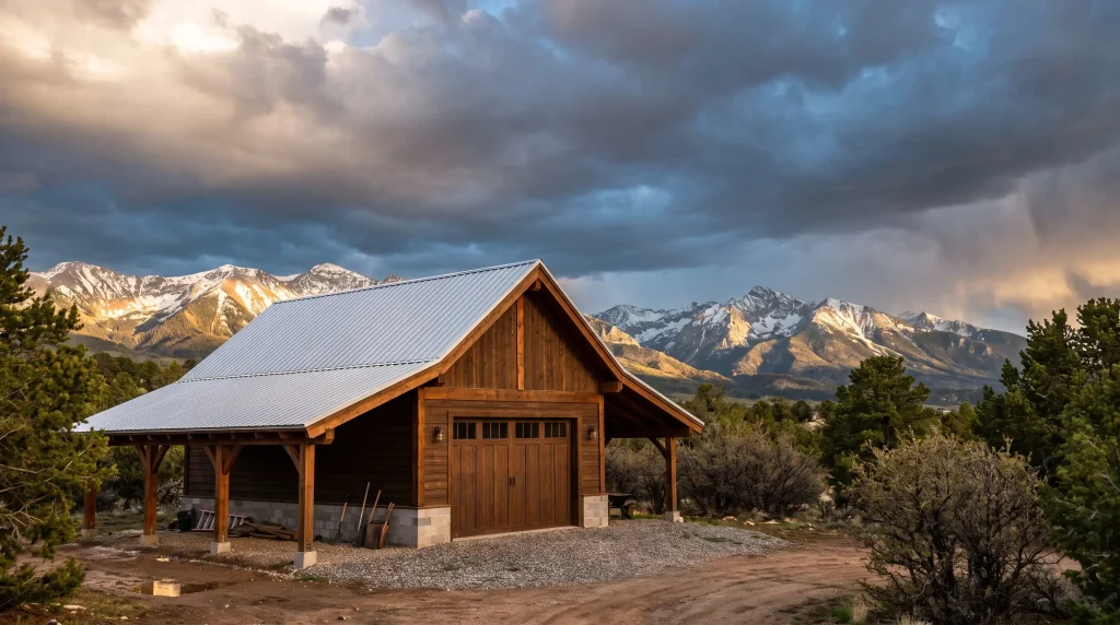 Wooden cabin with metal roof under dramatic cloudy sky, surrounded by trees and mountain range