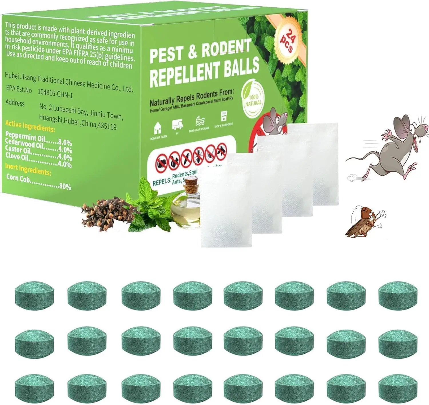 Pest and rodent repellent balls with natural ingredients and packaging against illustrated rodents