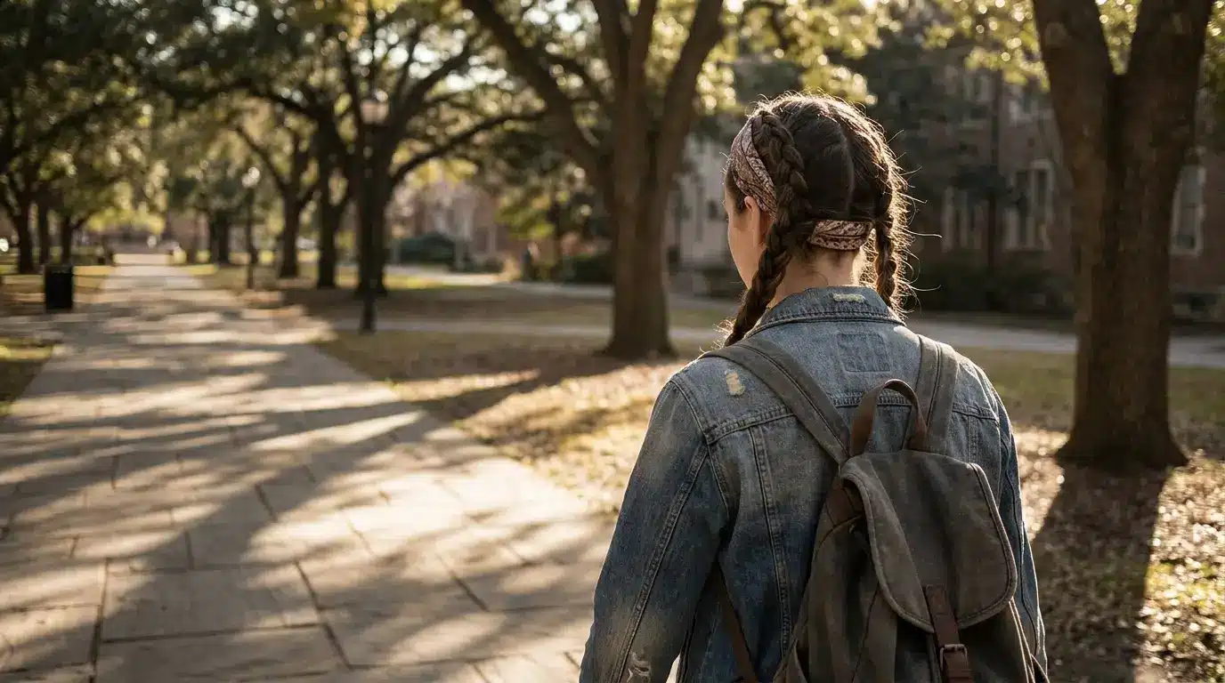 Person with braids and backpack walking through tree-lined campus path in sunlight