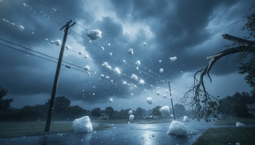 Chunks of ice falling from stormy sky onto wet street with power lines and broken tree branch