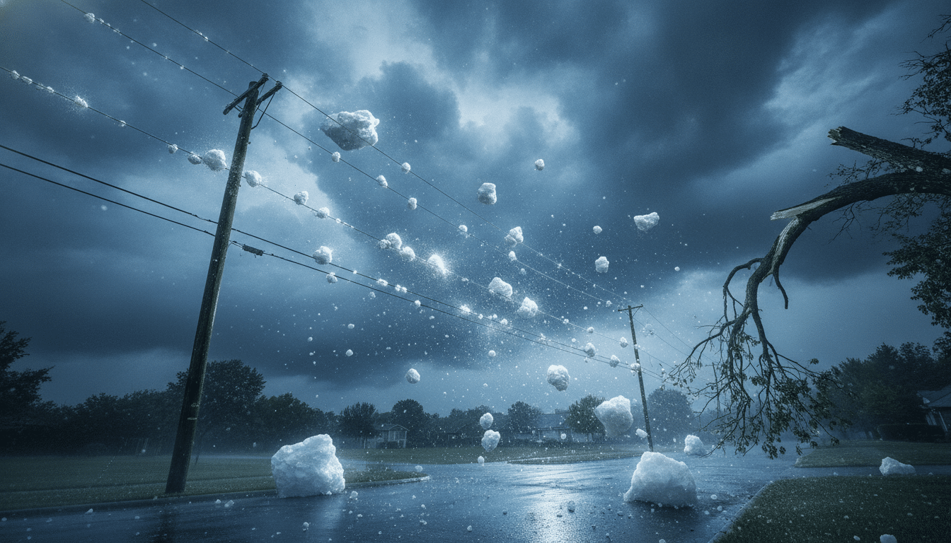 Chunks of ice falling from stormy sky onto wet street with power lines and broken tree branch