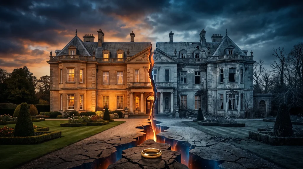 Grand estate split in half, vibrant side versus dilapidated side, under dramatic sky