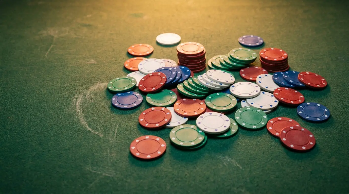 Colorful poker chips scattered on green felt table under warm lighting