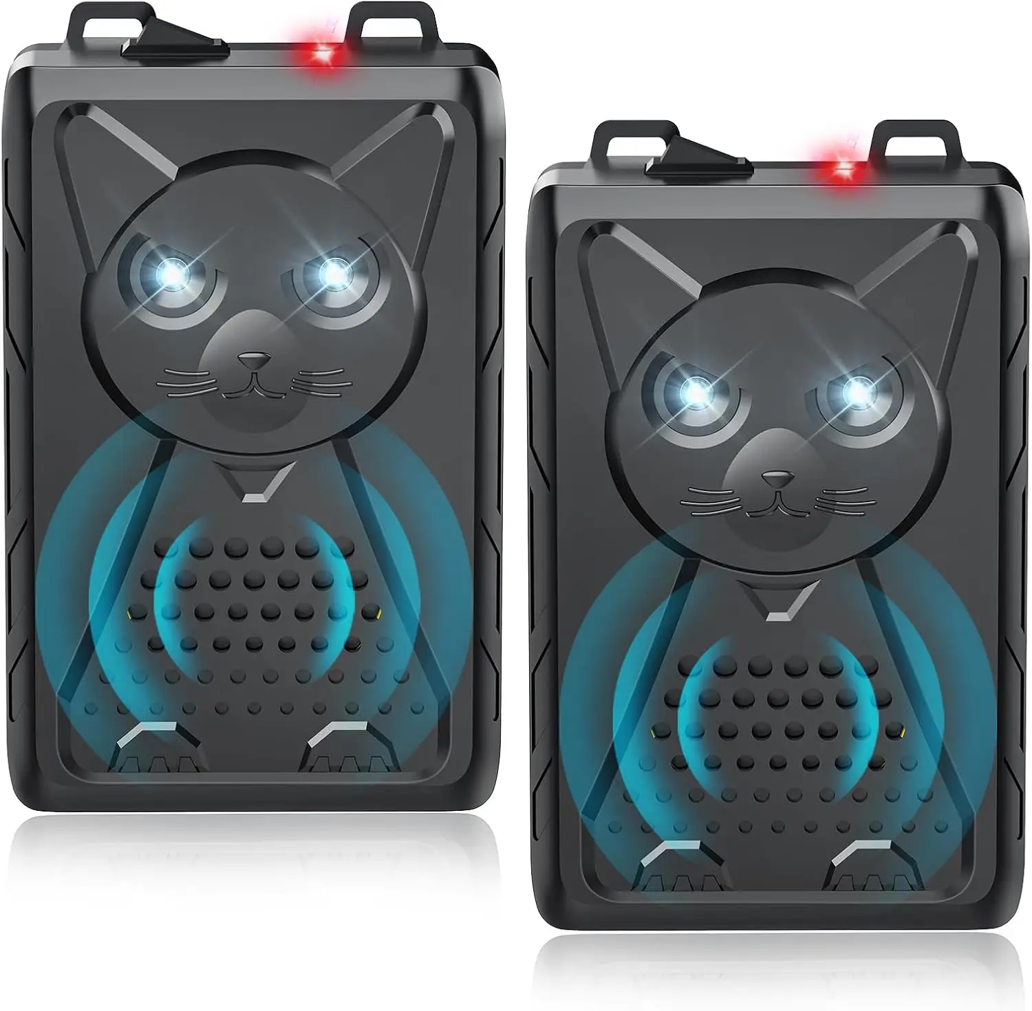 Two black cat-themed electronic devices with glowing blue eyes and red lights on top