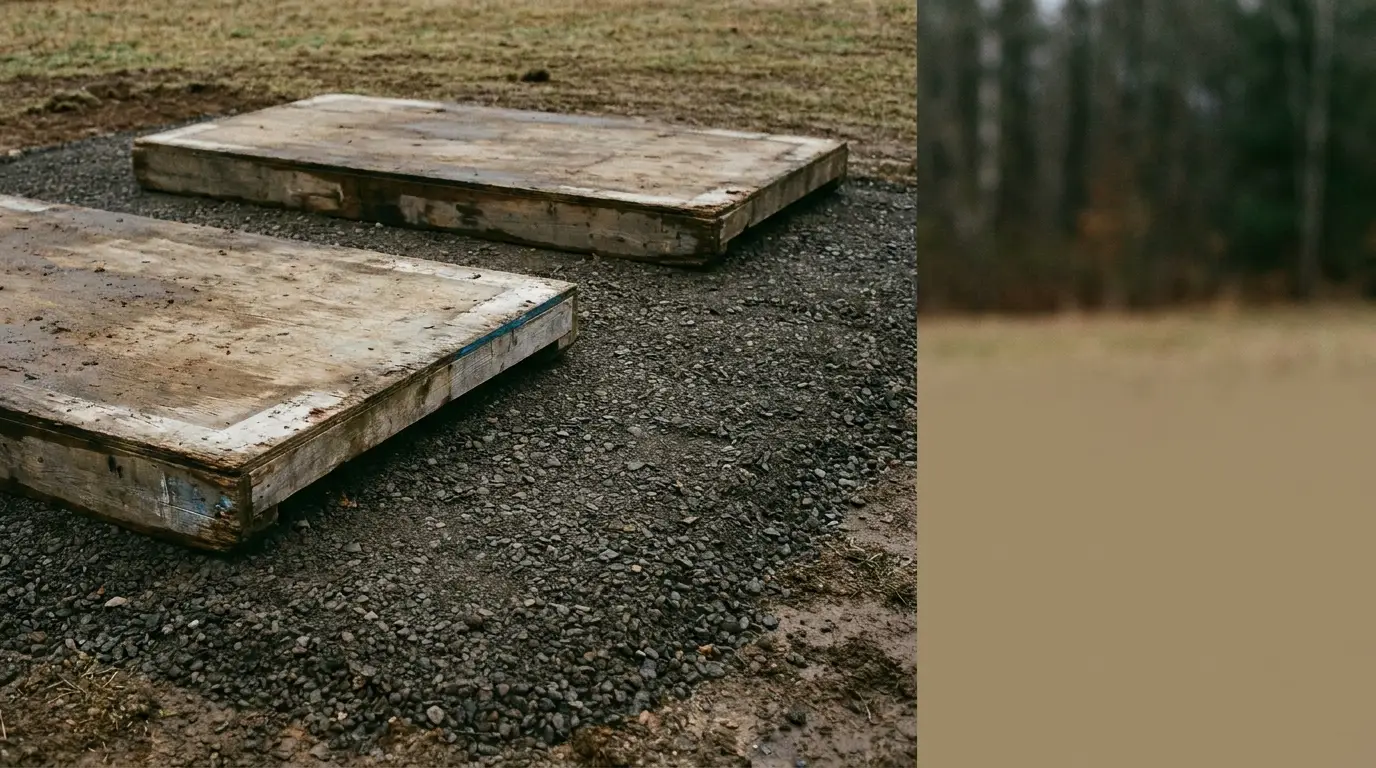 Wooden platforms on gravel in outdoor setting with grassy background