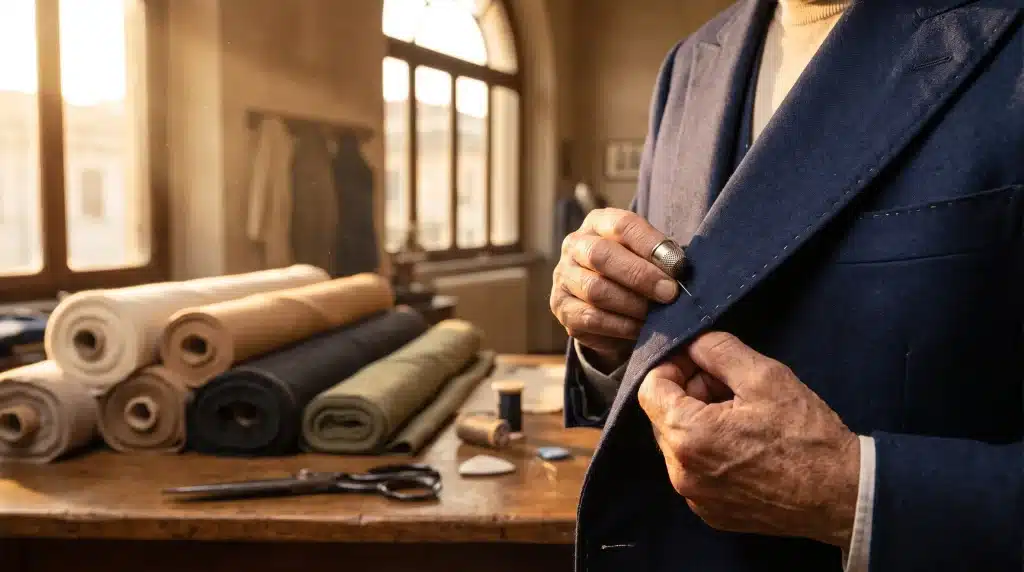 Tailor adjusting blue suit jacket in workshop with fabric rolls and sewing tools on table