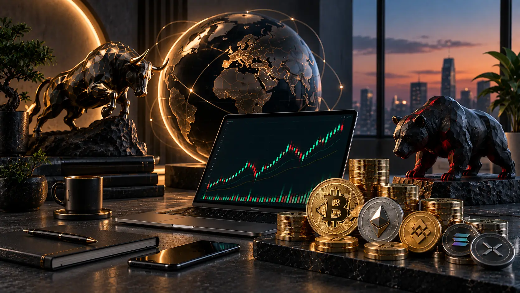 Laptop displaying stock chart with cryptocurrency coins and bull-bear statues on desk at sunset