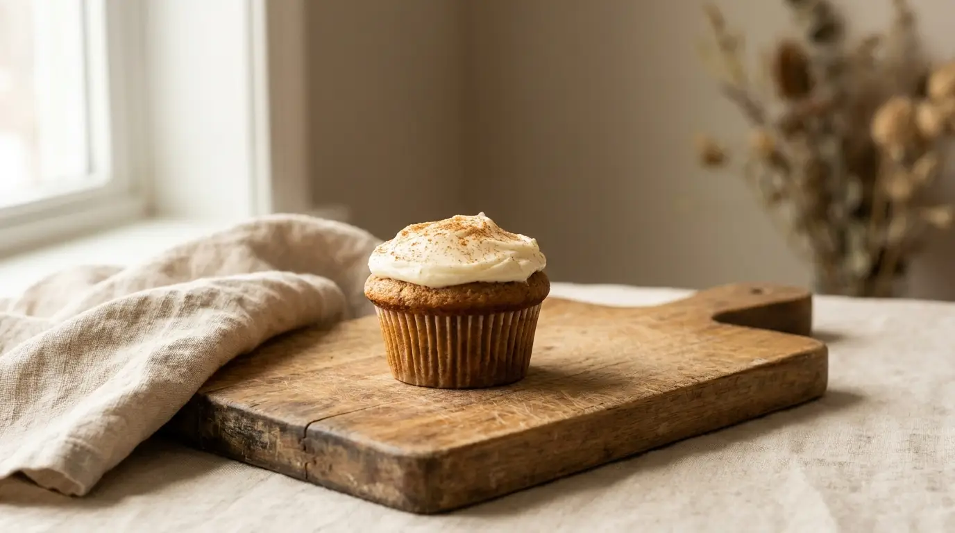Cream-topped cupcake on wooden board with beige cloth in bright kitchen setting