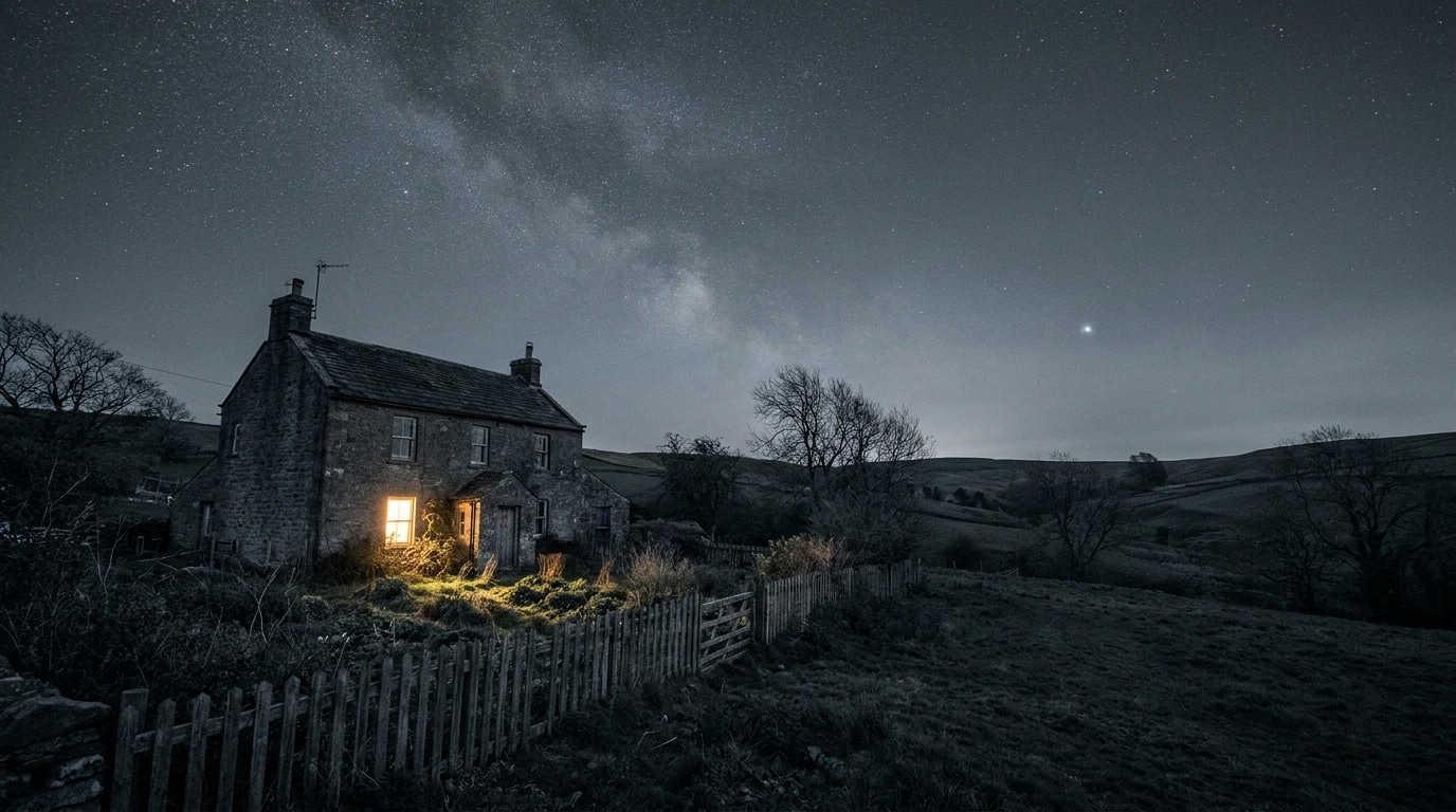 Rustic stone cottage with glowing window under starry night sky in rural landscape
