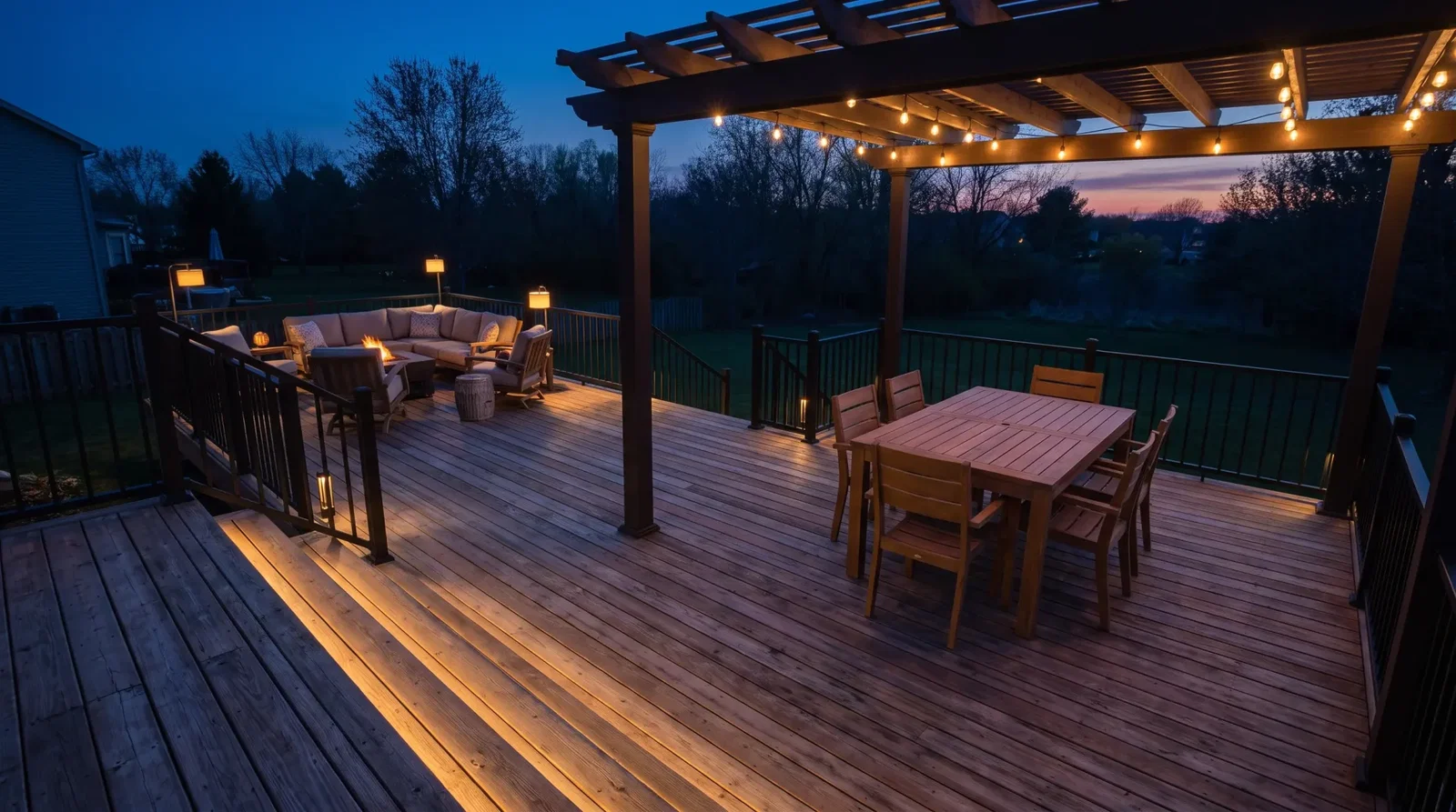 Wooden deck with patio furniture and string lights under a pergola at dusk