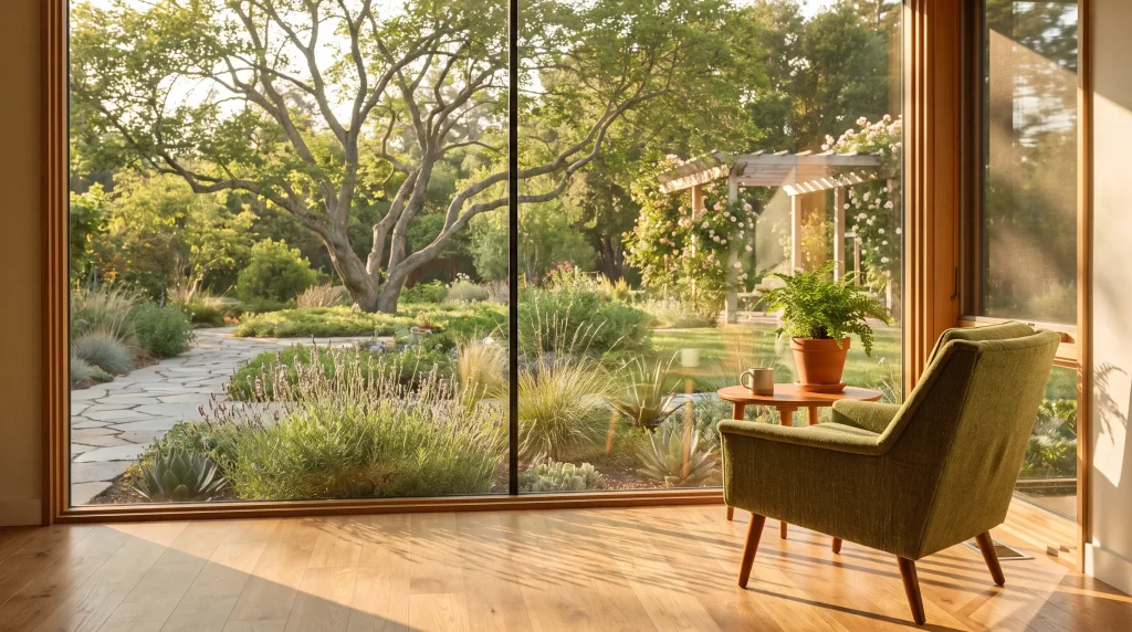 Green armchair with potted plant near large window overlooking lush garden and stone path