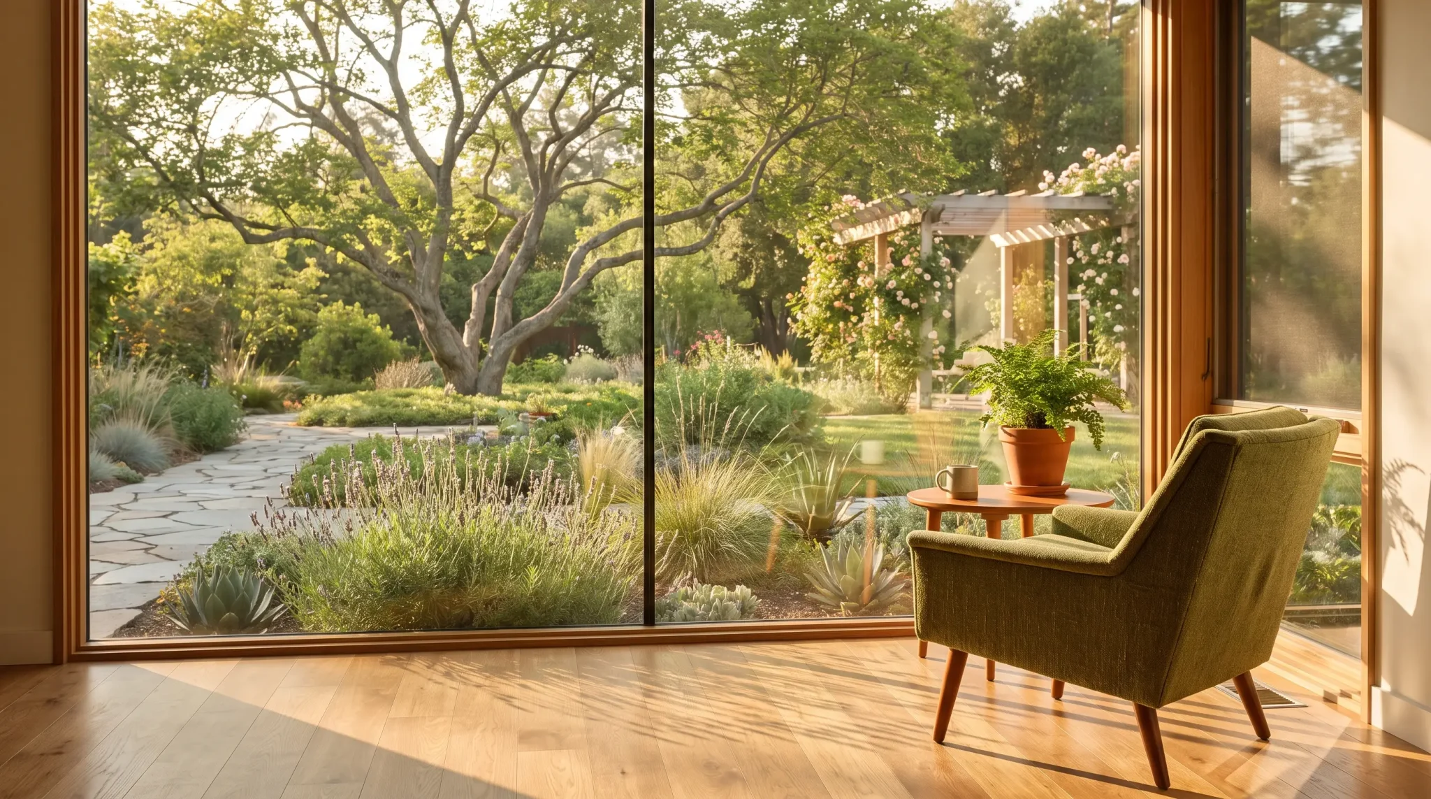 Green armchair with potted plant near large window overlooking lush garden and stone path