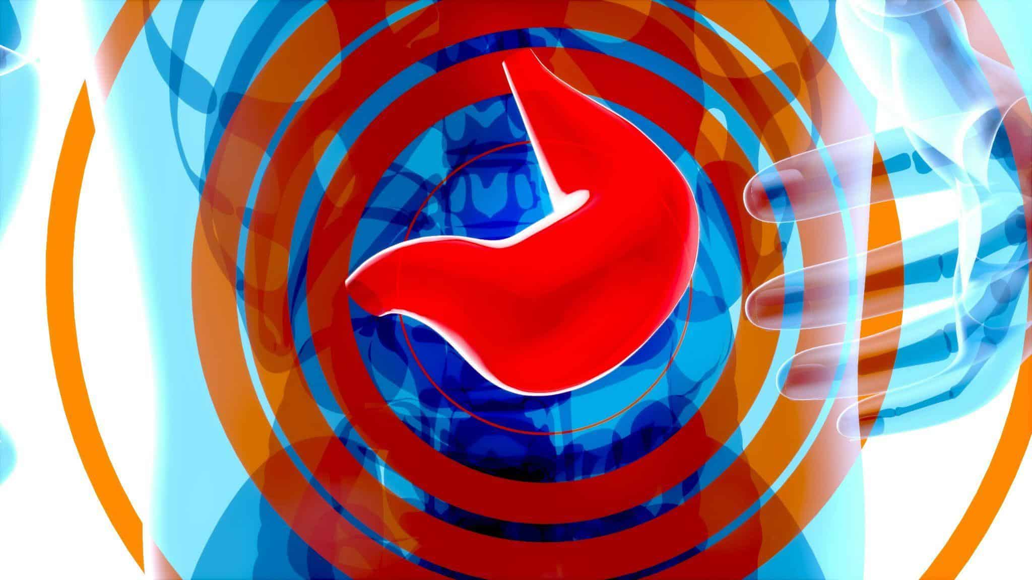 Abstract illustration of a red stomach with colorful concentric circles and a translucent hand