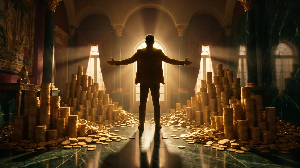 Man standing with open arms in opulent room surrounded by piles of gold coins