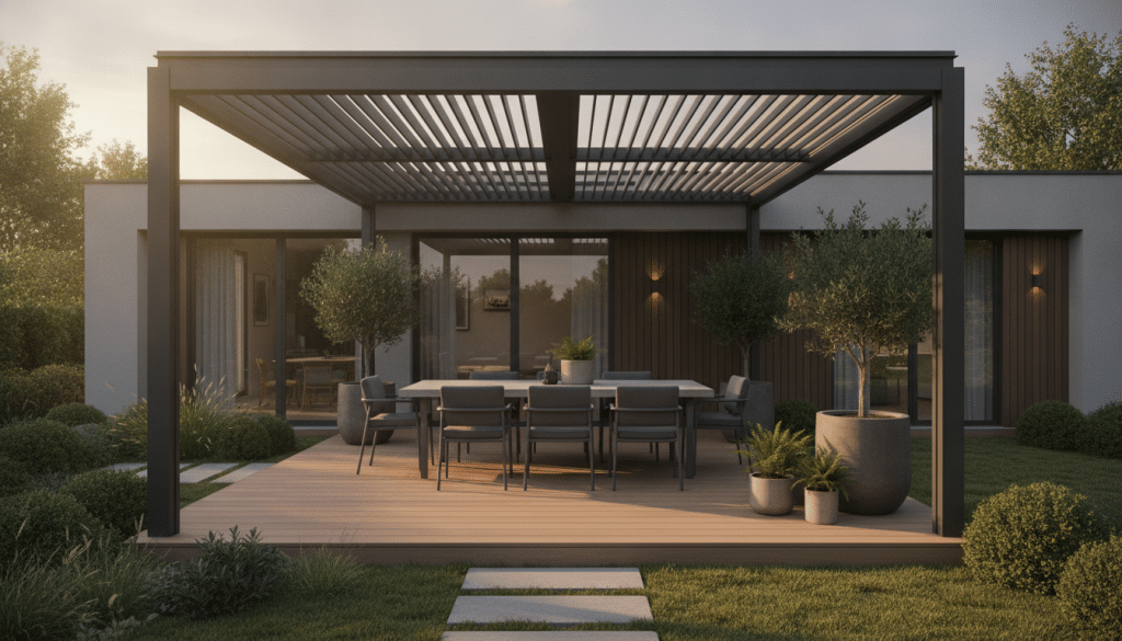 Modern outdoor patio with dining table and chairs under louvered pergola surrounded by plants