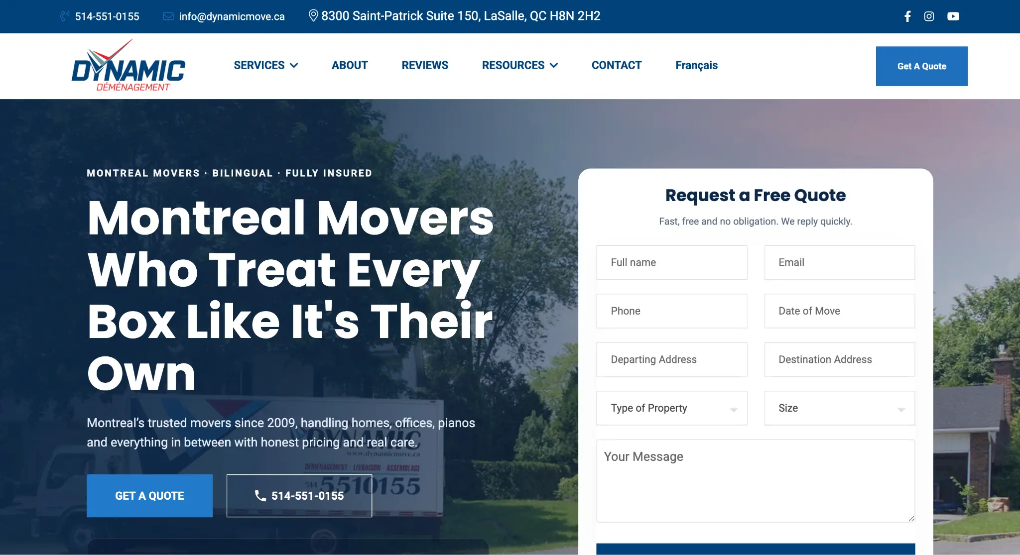 Moving service website interface with contact form and Montreal movers text on blue background