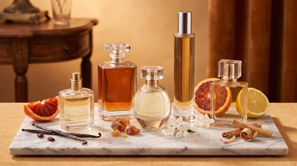 Perfume bottles with citrus slices, vanilla pods, and cinnamon on marble tray in warm setting