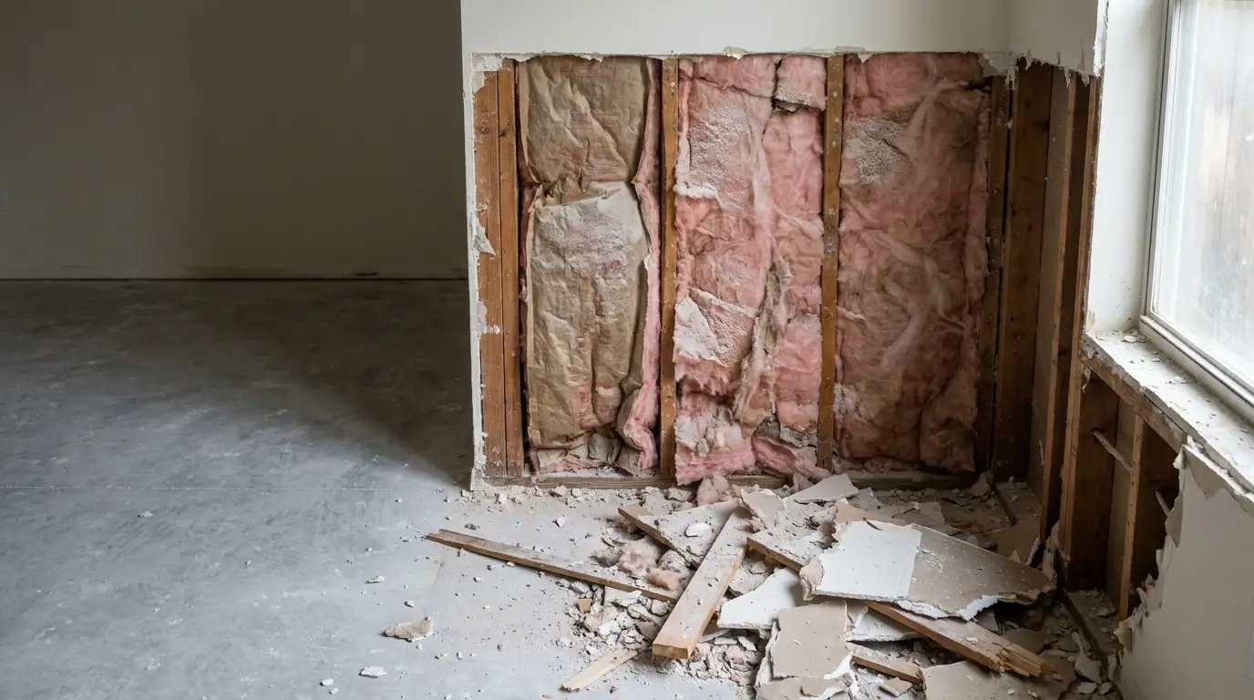 Exposed wall insulation and debris in unfinished room with natural light through window