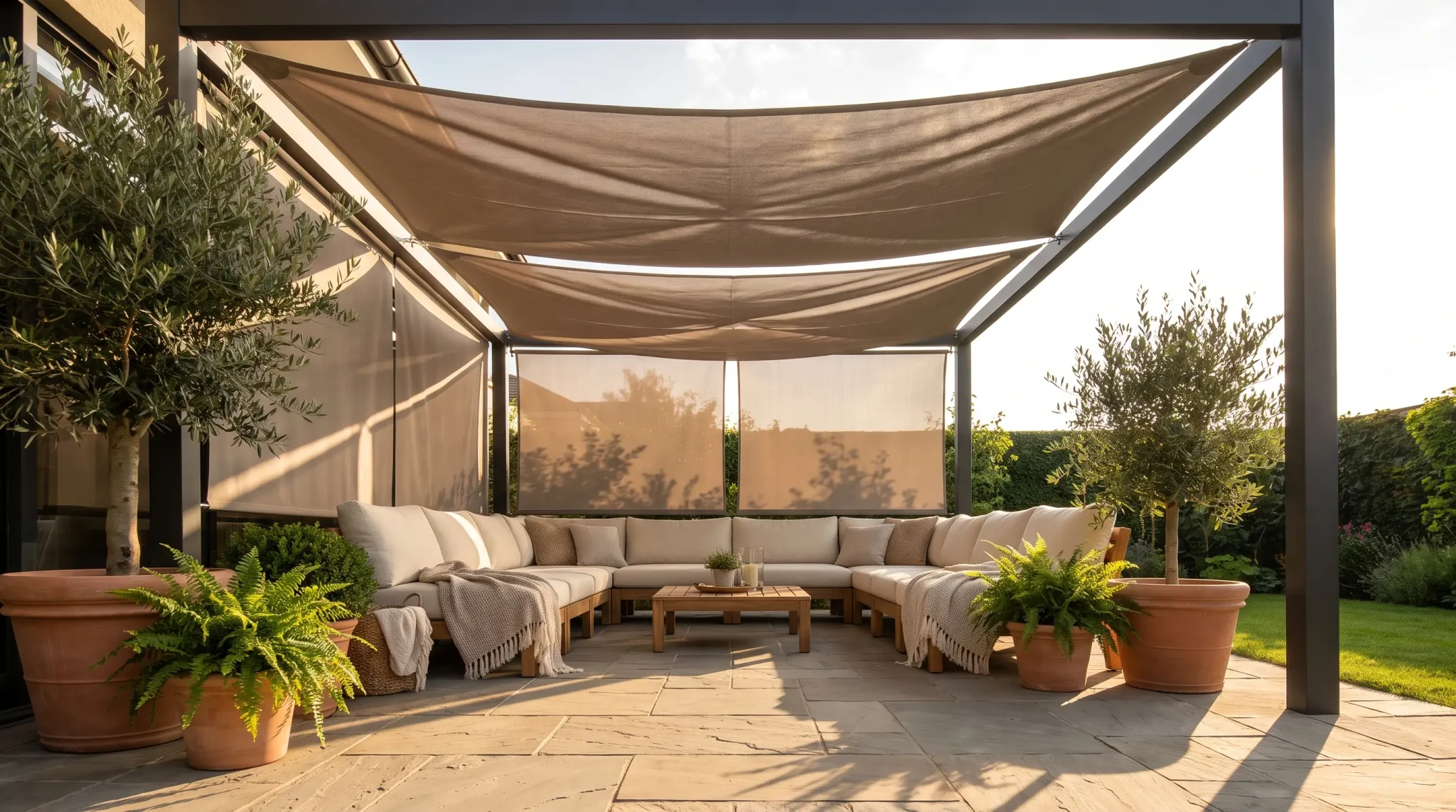 Outdoor patio with beige sectional sofa, potted plants, and fabric canopy under bright sunlight
