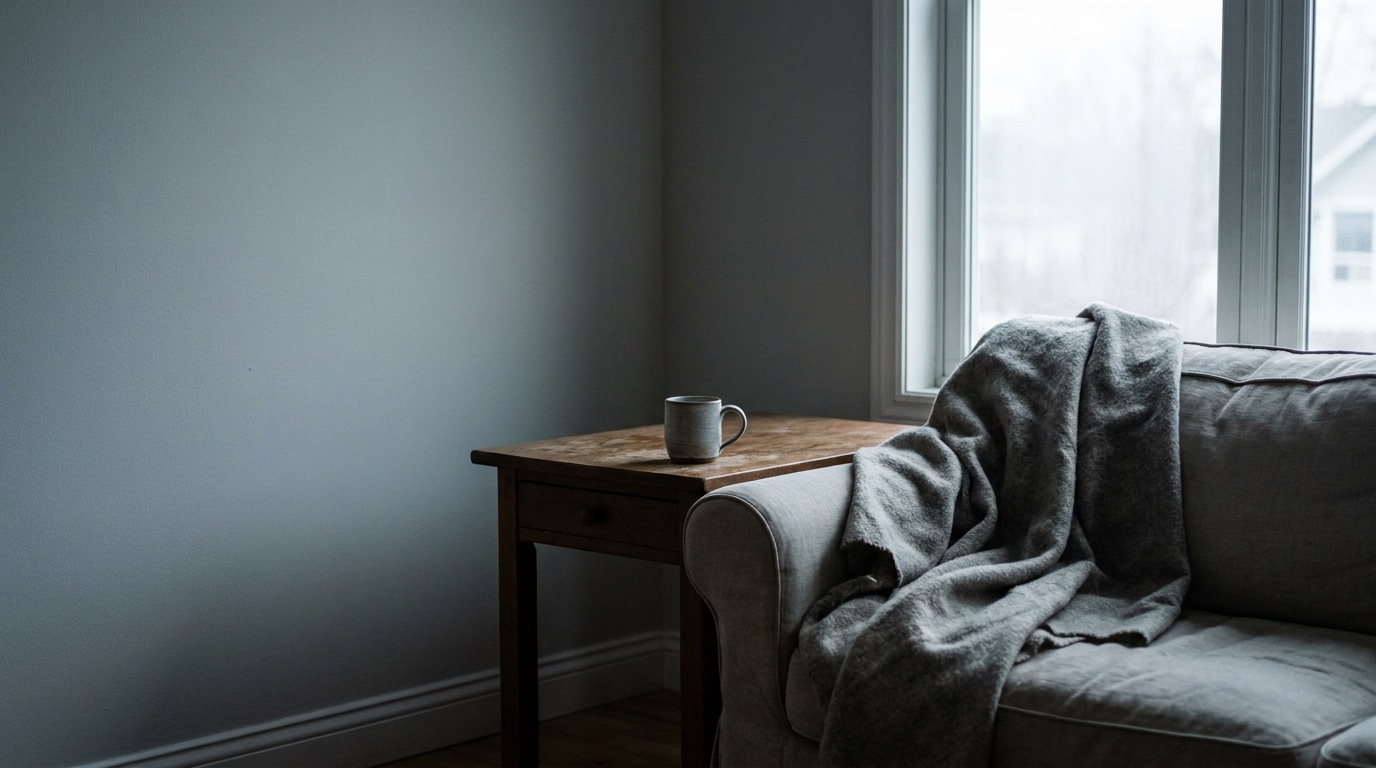 Ceramic mug on wooden side table beside gray sofa with blanket in cozy living room
