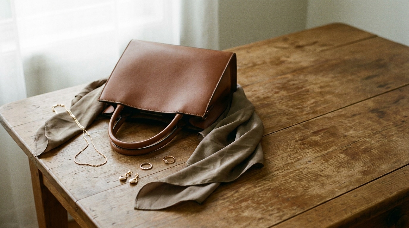 Brown leather handbag with gold jewelry and scarf on rustic wooden table