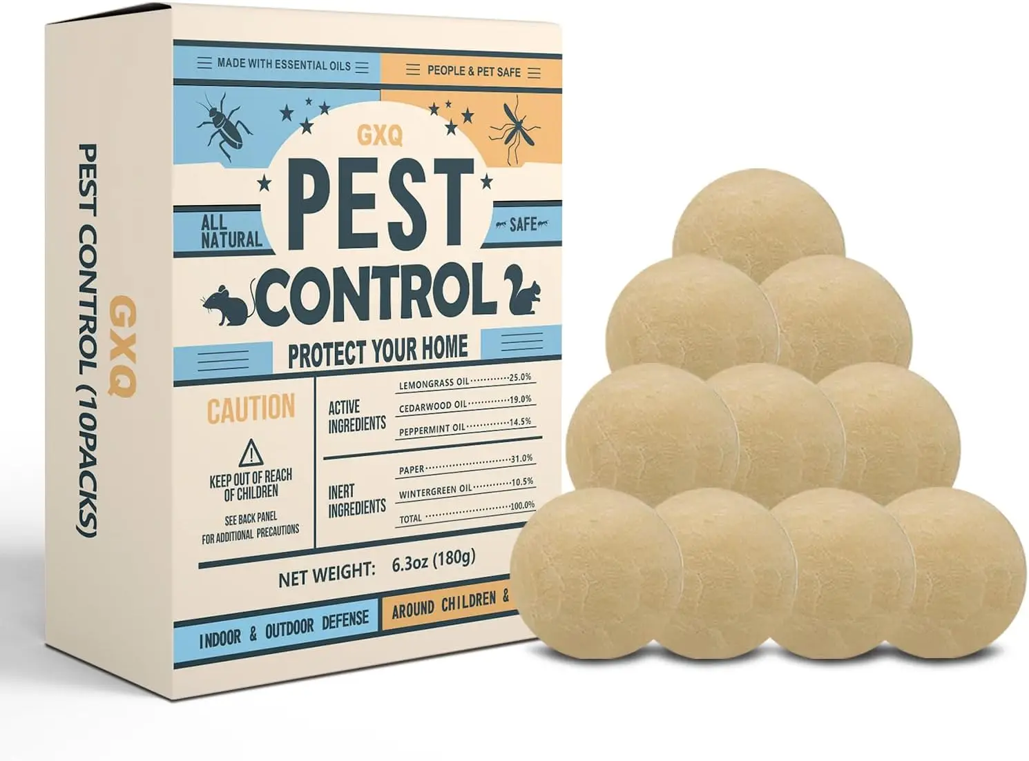 Box of pest control balls stacked beside labeled packaging in a neutral setting
