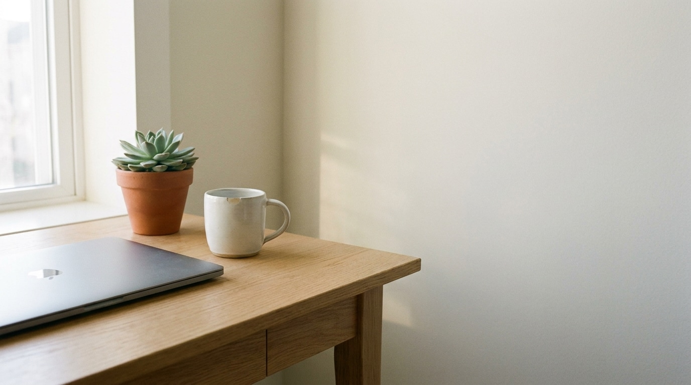 Laptop, ceramic mug, and potted succulent on wooden desk by window in natural light