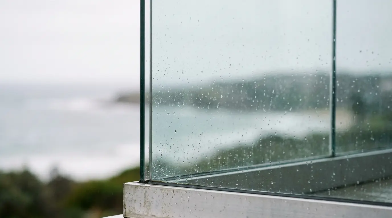 Raindrops on glass railing with blurred ocean view in the background