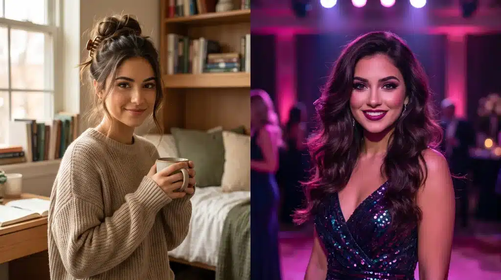 Cozy woman in sweater holding mug indoors, glamorous woman in sequin dress at event under vibrant lights