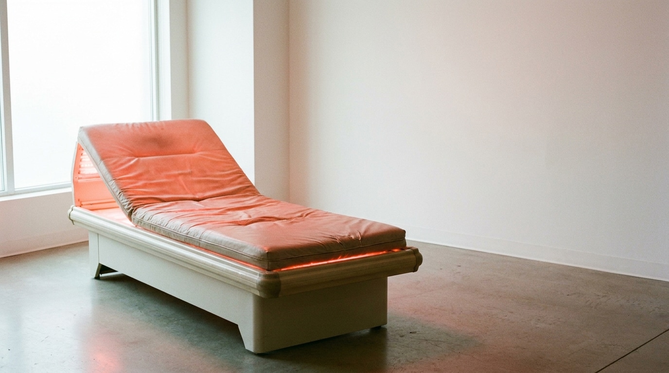 Orange tanning bed in empty, brightly lit room with smooth concrete floor