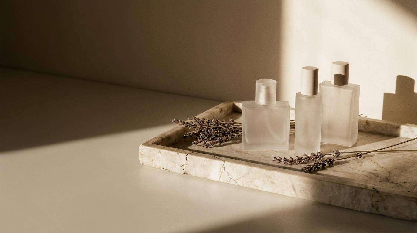 Frosted glass perfume bottles with lavender sprigs on a marble tray in warm lighting