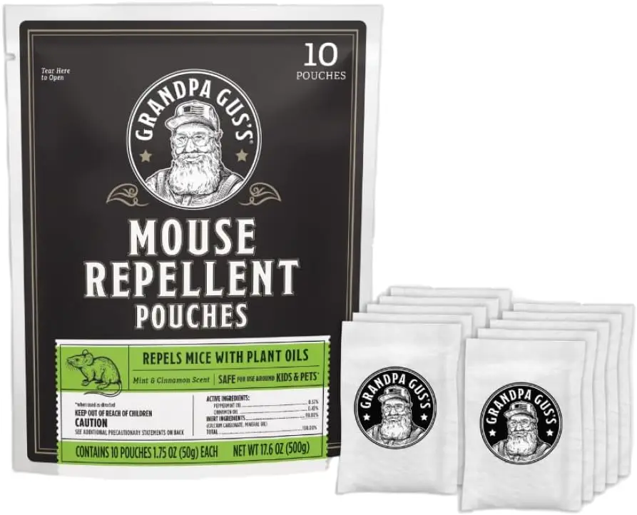 Mouse repellent pouch package with visible product and logo in white background setting