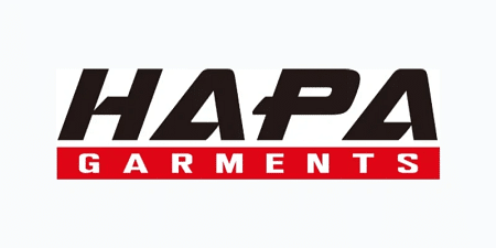 Black and red HAPA Garments logo on white background
