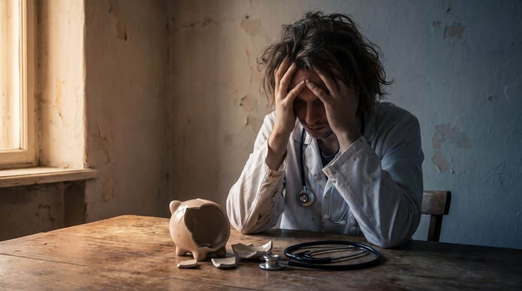 Stressed doctor in white coat sitting at table with broken piggy bank and stethoscope