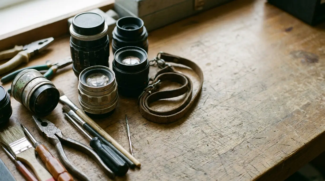 Camera lenses, leather straps, and tools arranged on a wooden workbench in natural light