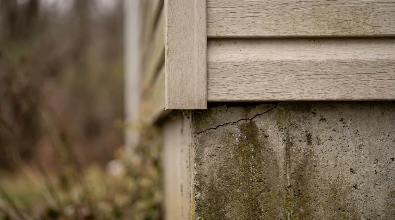 Cracked concrete foundation with beige siding in outdoor setting