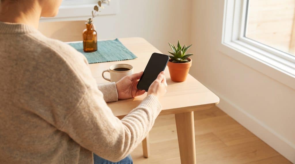 Person holding smartphone at wooden table with coffee mug and potted plant in bright room