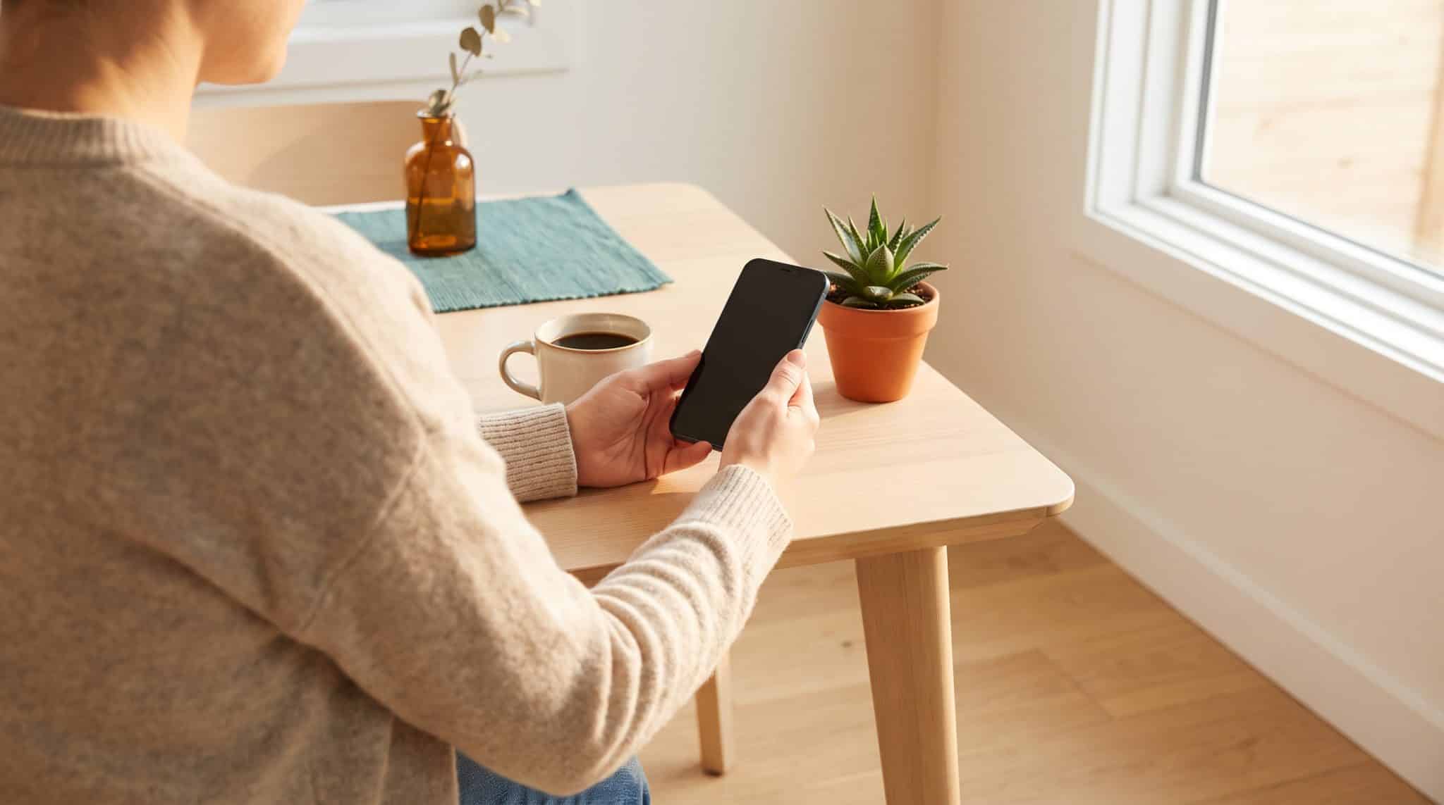Person holding smartphone at wooden table with coffee mug and potted plant in bright room