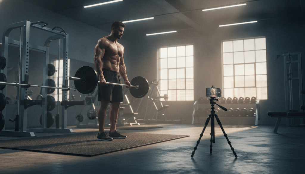 Man lifting barbell in dimly lit gym with smartphone on tripod recording workout