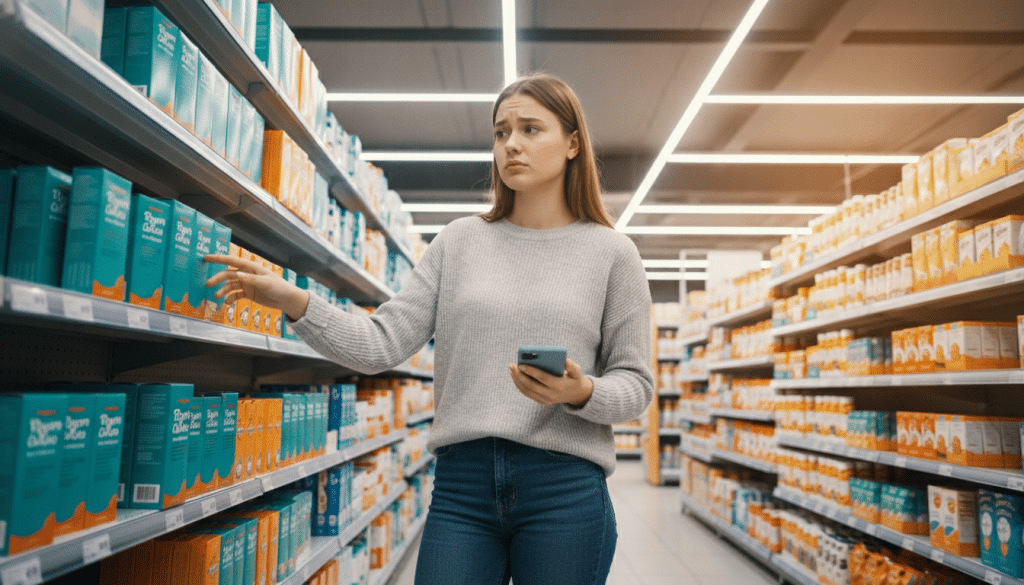 Woman in a grocery store aisle holding a phone and reaching for a product on the shelf
