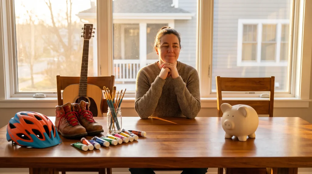 Person sitting at wooden table with guitar, paints, hiking boots, and a piggy bank