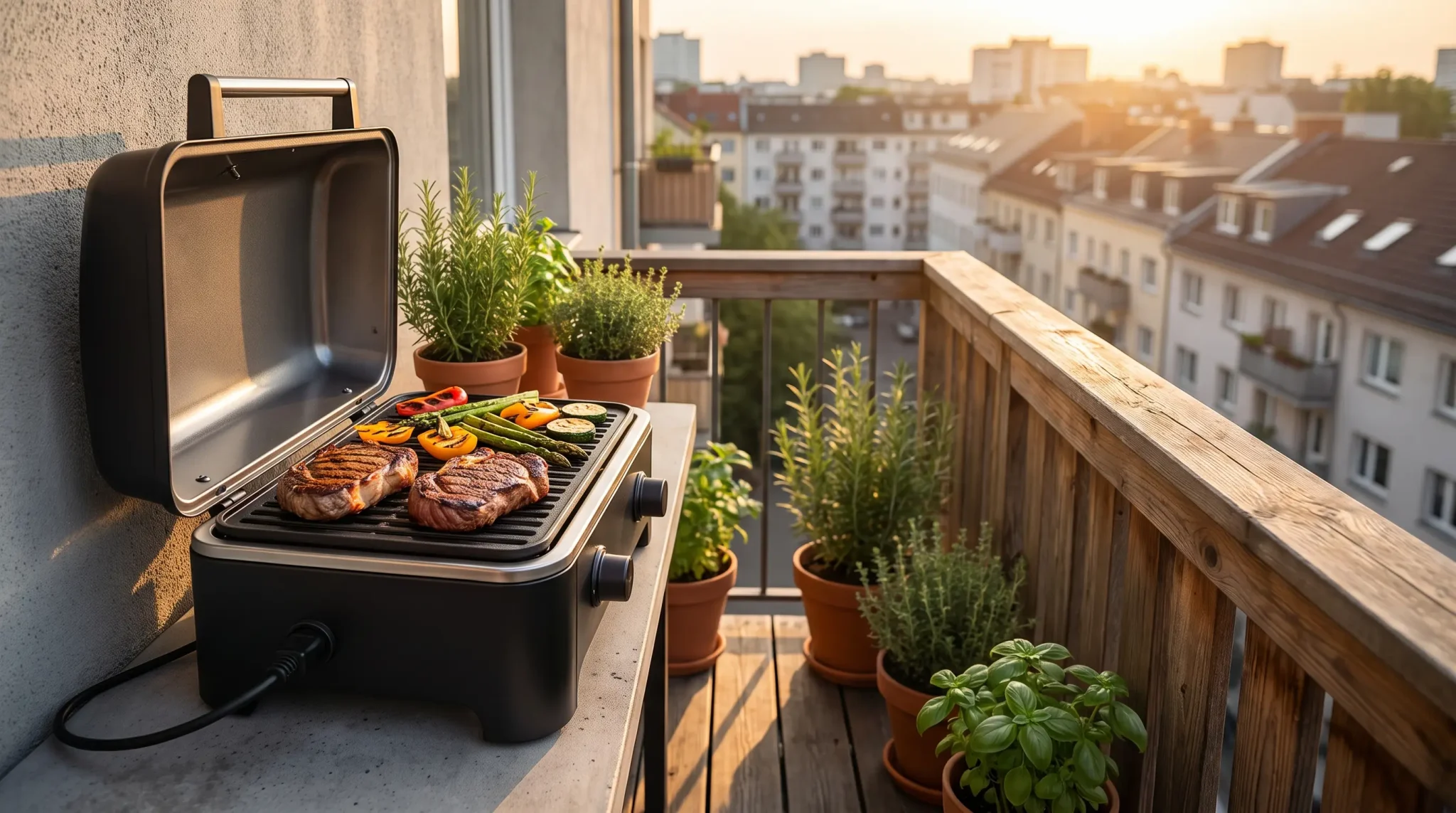 Electric grill with steaks and vegetables on a sunny balcony surrounded by potted herbs