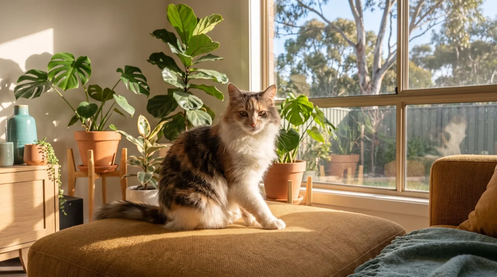 Cat sitting on mustard ottoman in sunlit room with potted plants and large window