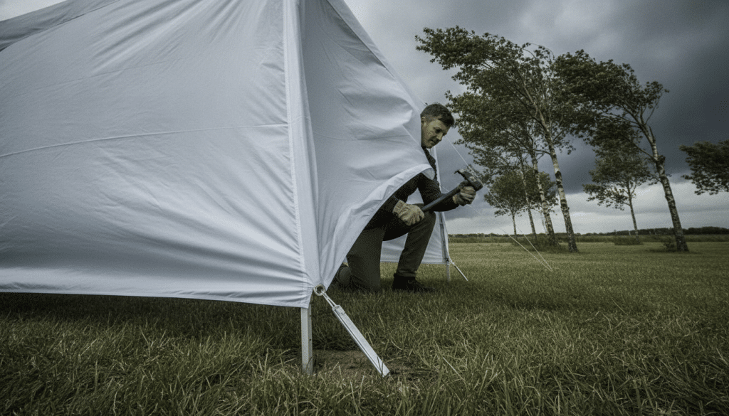 Man securing white tent with hammer on grassy field under cloudy sky