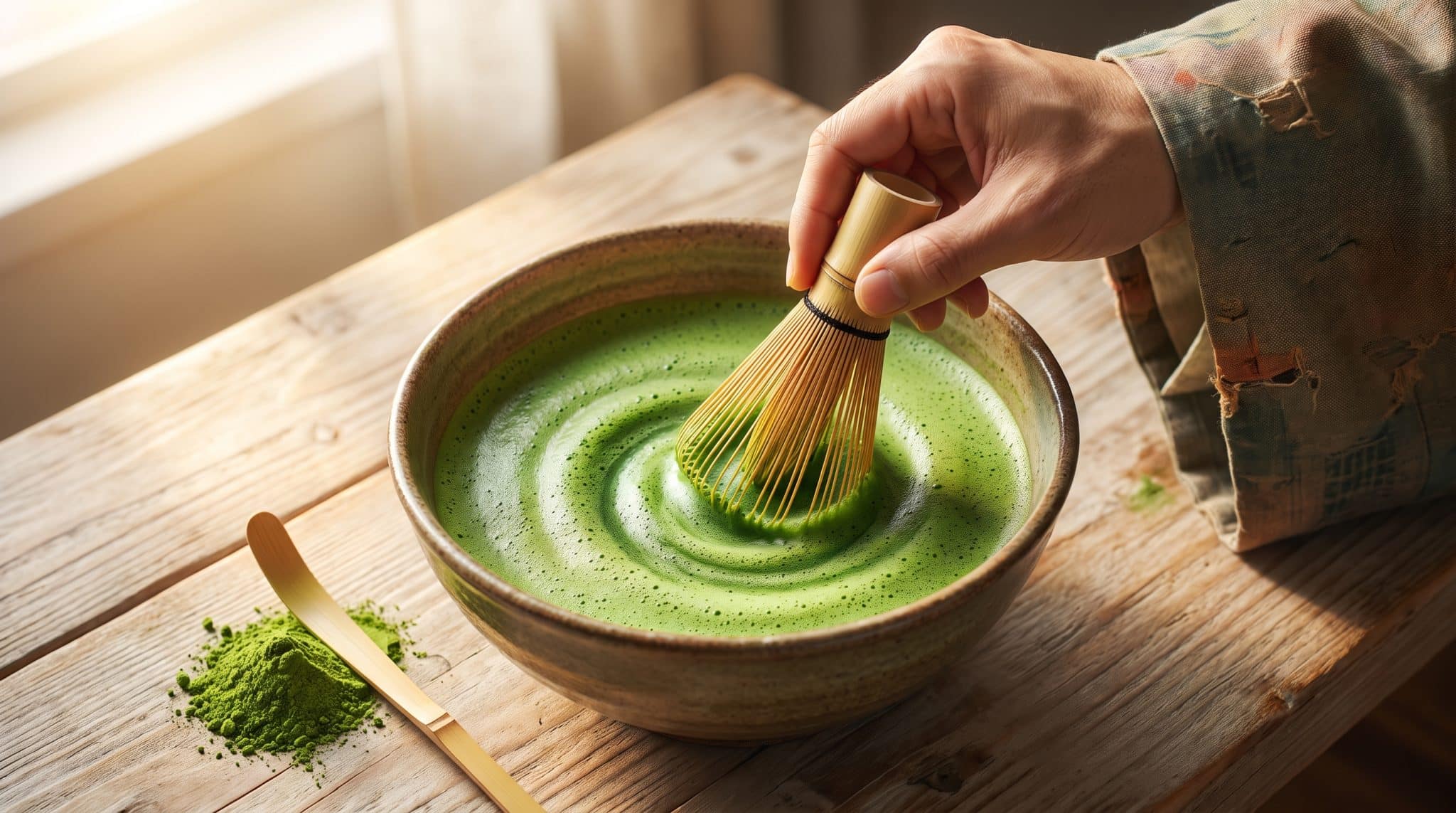 Hand whisking green matcha in ceramic bowl on wooden table with natural sunlight