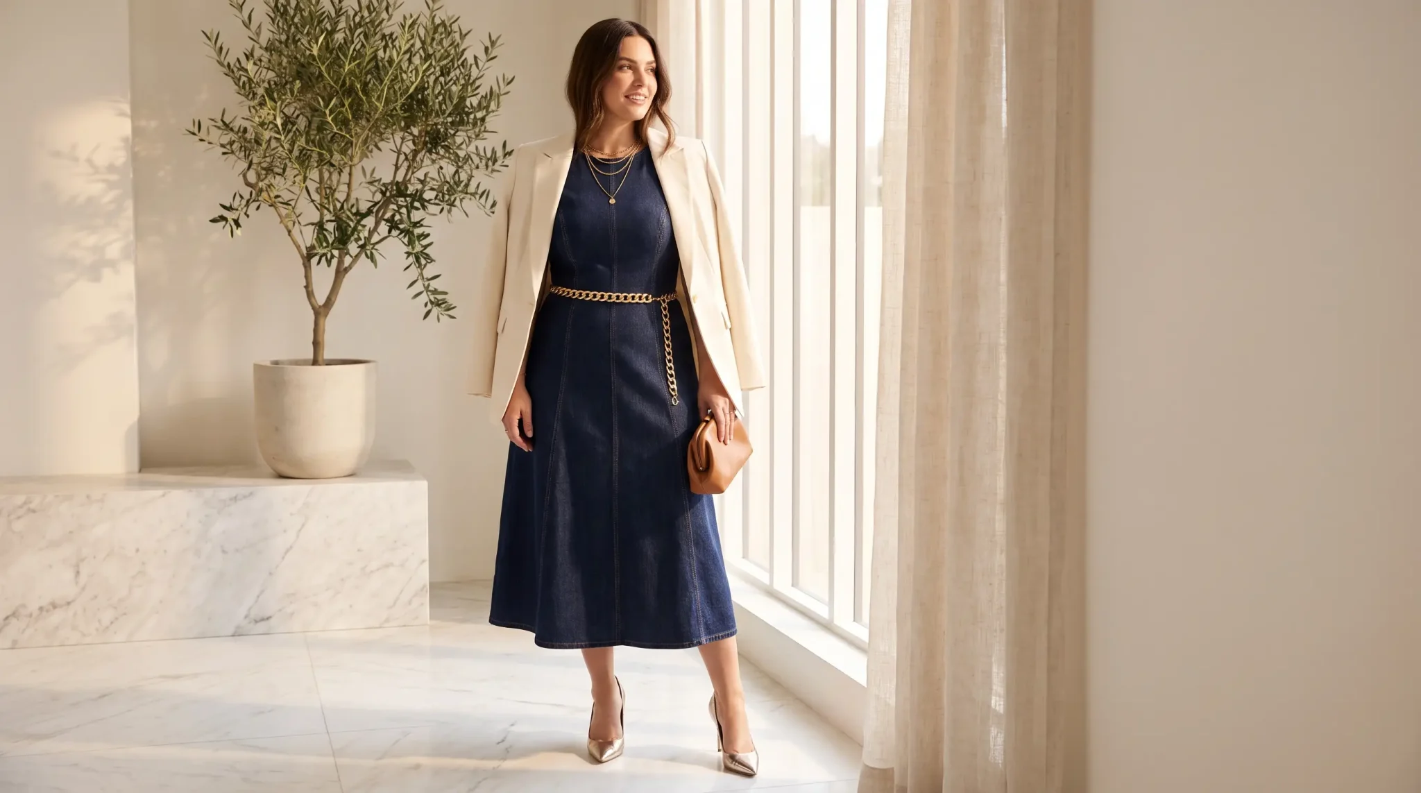 Woman in denim dress and beige blazer standing in bright room with marble floor and potted plant