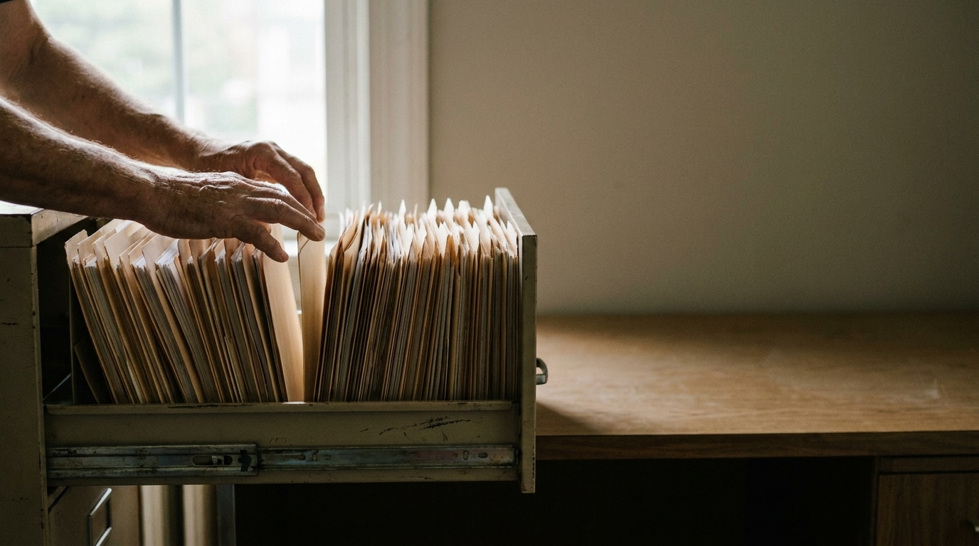 Hands sorting through files in an open metal drawer in a dimly lit office