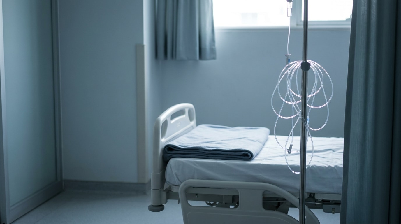 Hospital room with an empty bed, folded blanket, and IV stand under soft lighting