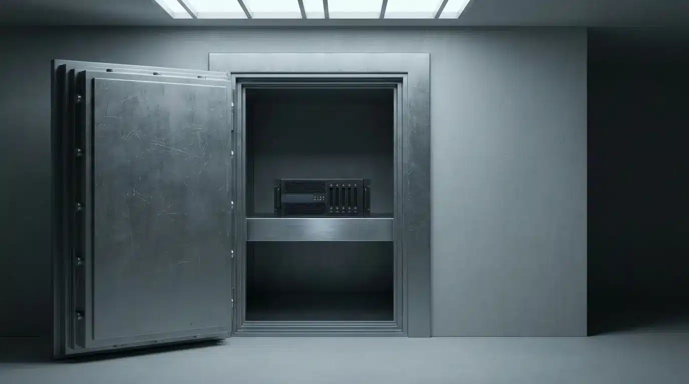 Open metal vault door revealing electronic server equipment inside a dimly lit secure room
