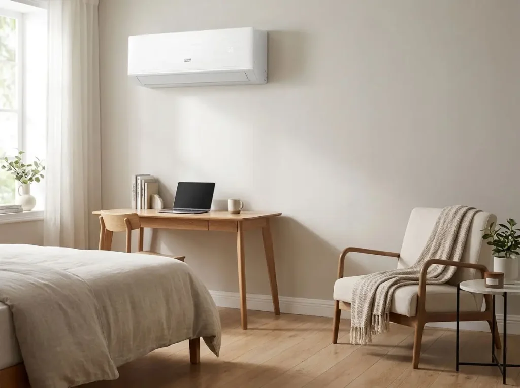 Air conditioner above wooden desk with laptop in cozy bedroom setting